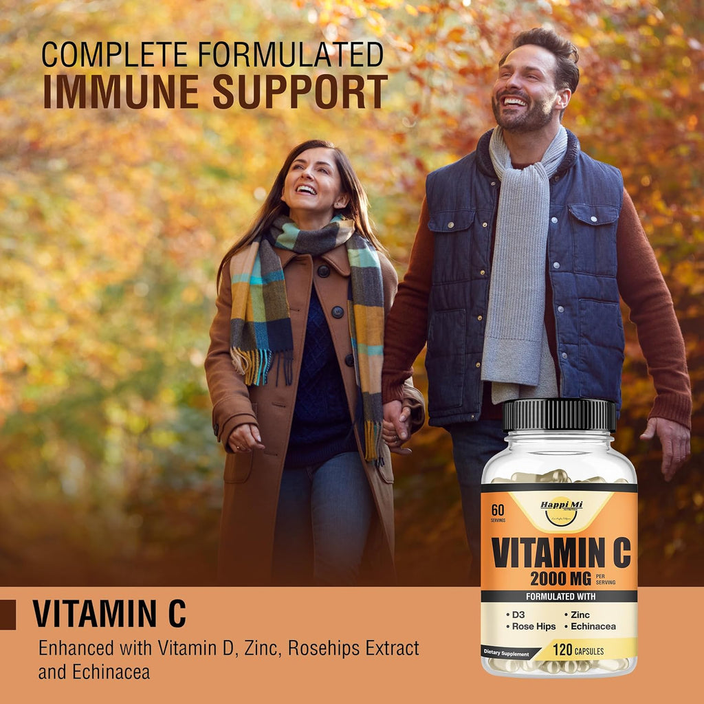 Happi Mi Nutrition Vitamina C 2000 mg con Zinc y Vitamina D3 - 120 Cápsulas Veganas