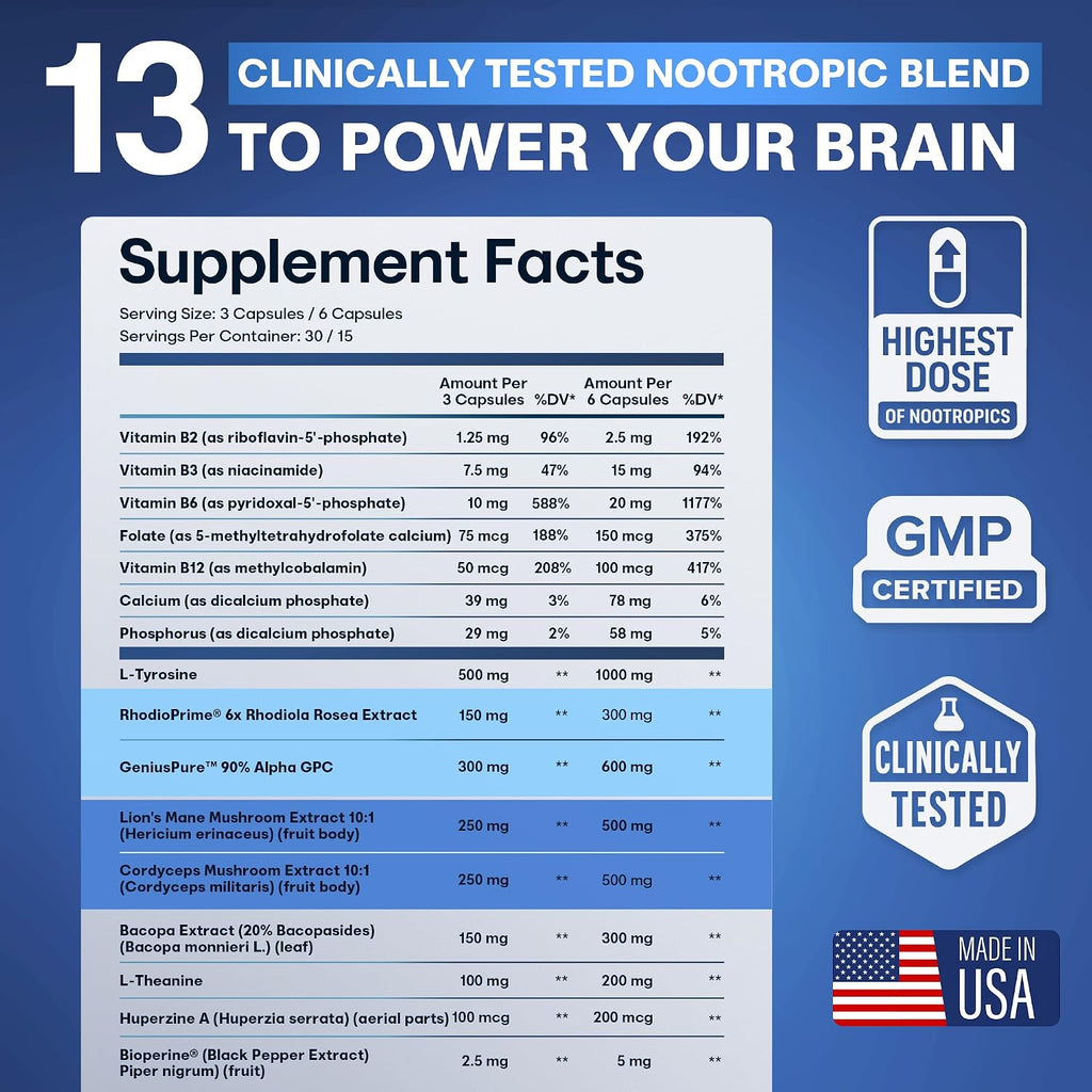CRTX Nutrition Focus - Suplemento Nootrópico con AlphaGPC, Lion's Mane, Rhodiola - 90 Cápsulas