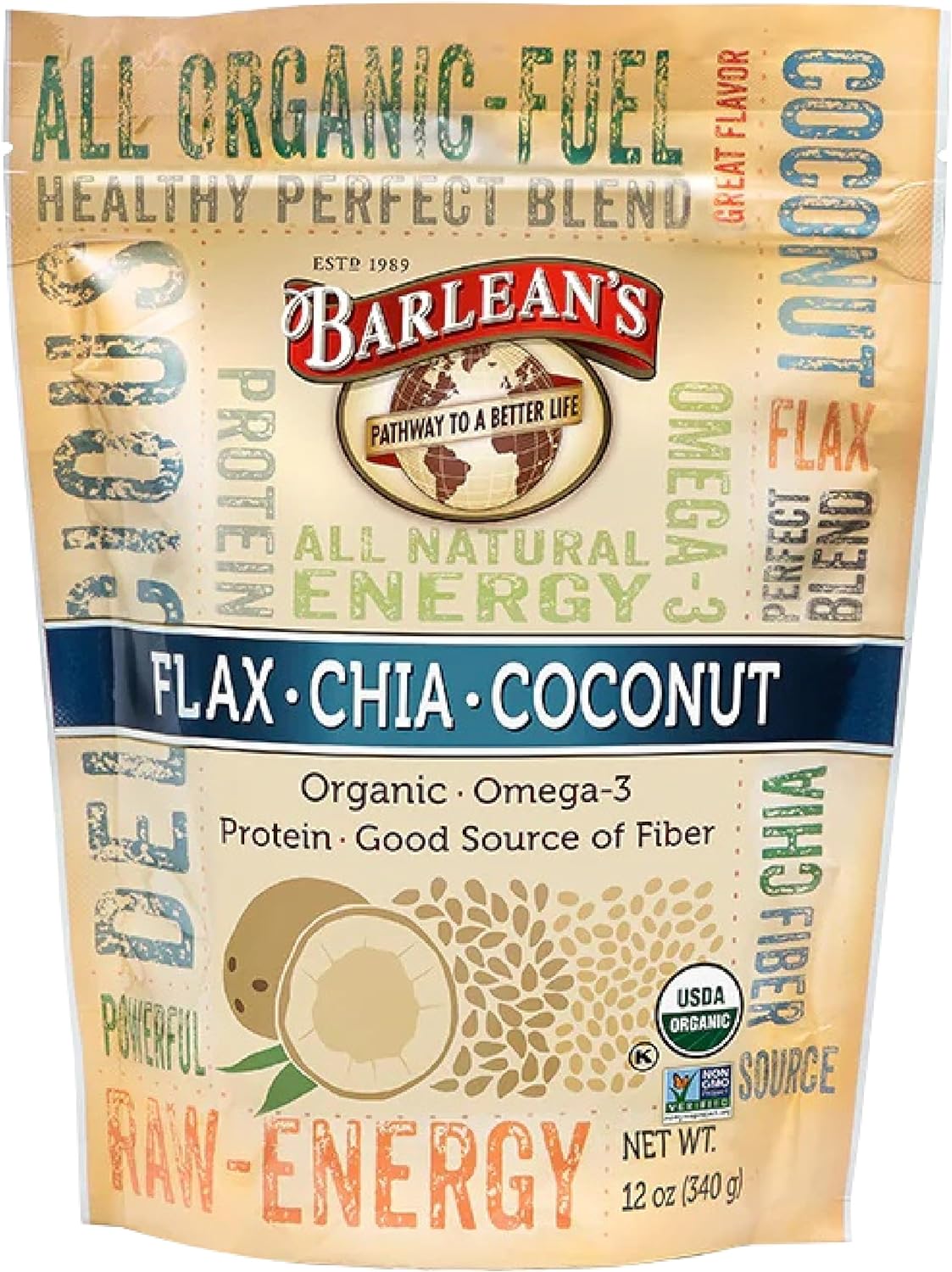 Organic Flax, Chia, and Coconut Seed Blend with 2,330 mg Omega-3 Fatty Acids, Fiber Supplement with Whole Chia Seeds and Ground Flax, 340g