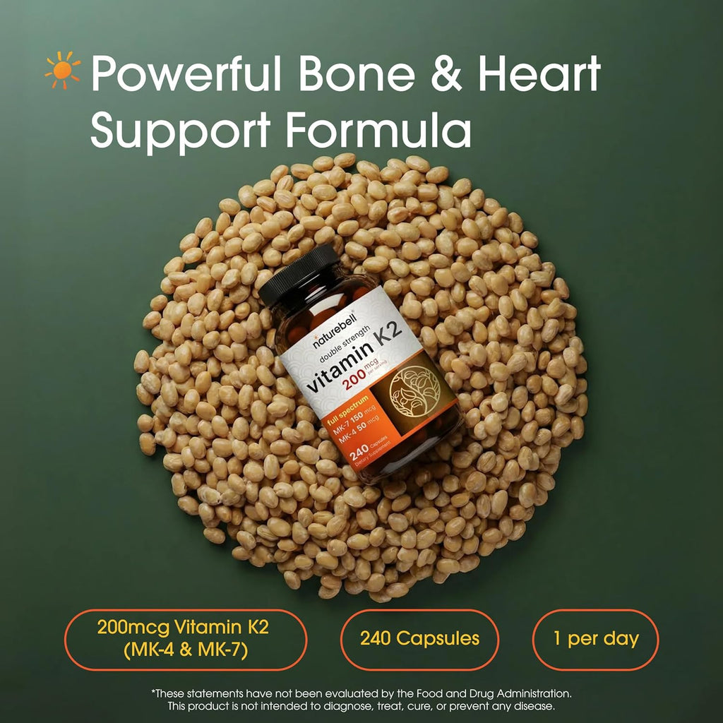 NatureBell Vitamina K2 - 200 mcg MK-7 y MK-4 - 240 Cápsulas
