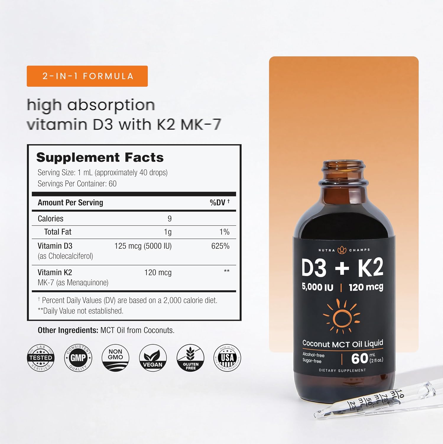NutraChamps Vitamin D3 K2 Gotas, 5000 UI D3 + K2 MK-7, Líquido Sin Sabor