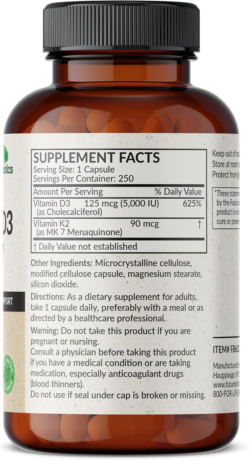 Futurebiotics Vitamina D3 + K2 (MK-7) - 5000 UI D3, 90 mcg K2 - 250 Cápsulas Vegetarianas