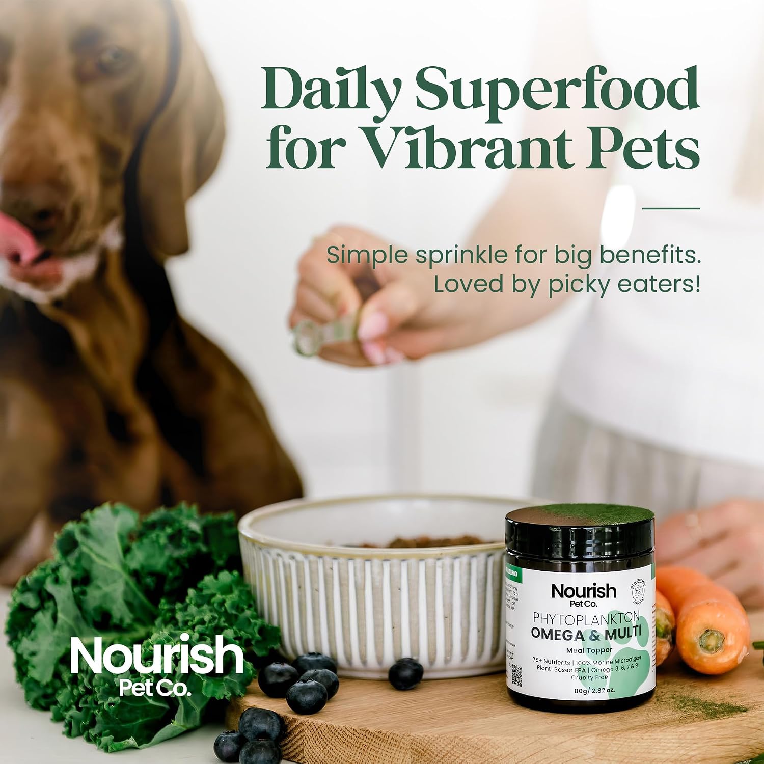 Nourish Pet Co. Fitoplancton Omega y Multivitamínico para Perros y Gatos – Suplemento de Omega-3 de Fitoplancton – Fórmula de Bienestar para Piel, Pelaje, Articulaciones, Equilibrio Inmune y Vitalidad 80g