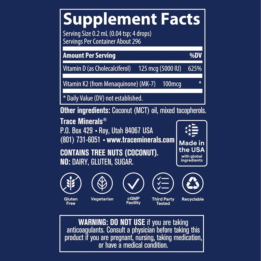 Líquido Iónico de Vitamina D3 + K2 | 125 mcg (5000 UI) D3, 100 mcg K2 | Suplemento Concentrado | 59 ml (296 raciones)