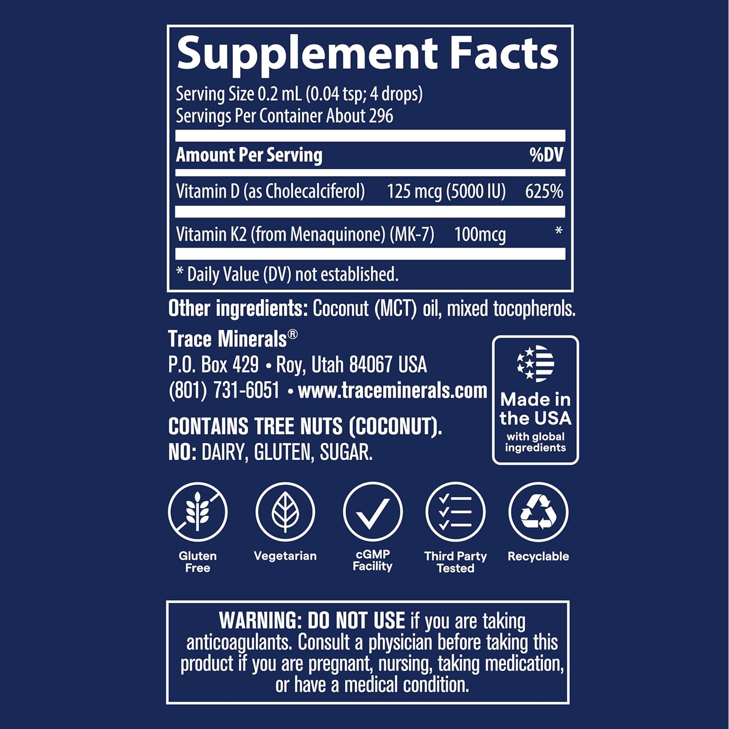 Líquido Iónico de Vitamina D3 + K2 | 125 mcg (5000 UI) D3, 100 mcg K2 | Suplemento Concentrado | 59 ml (296 raciones)