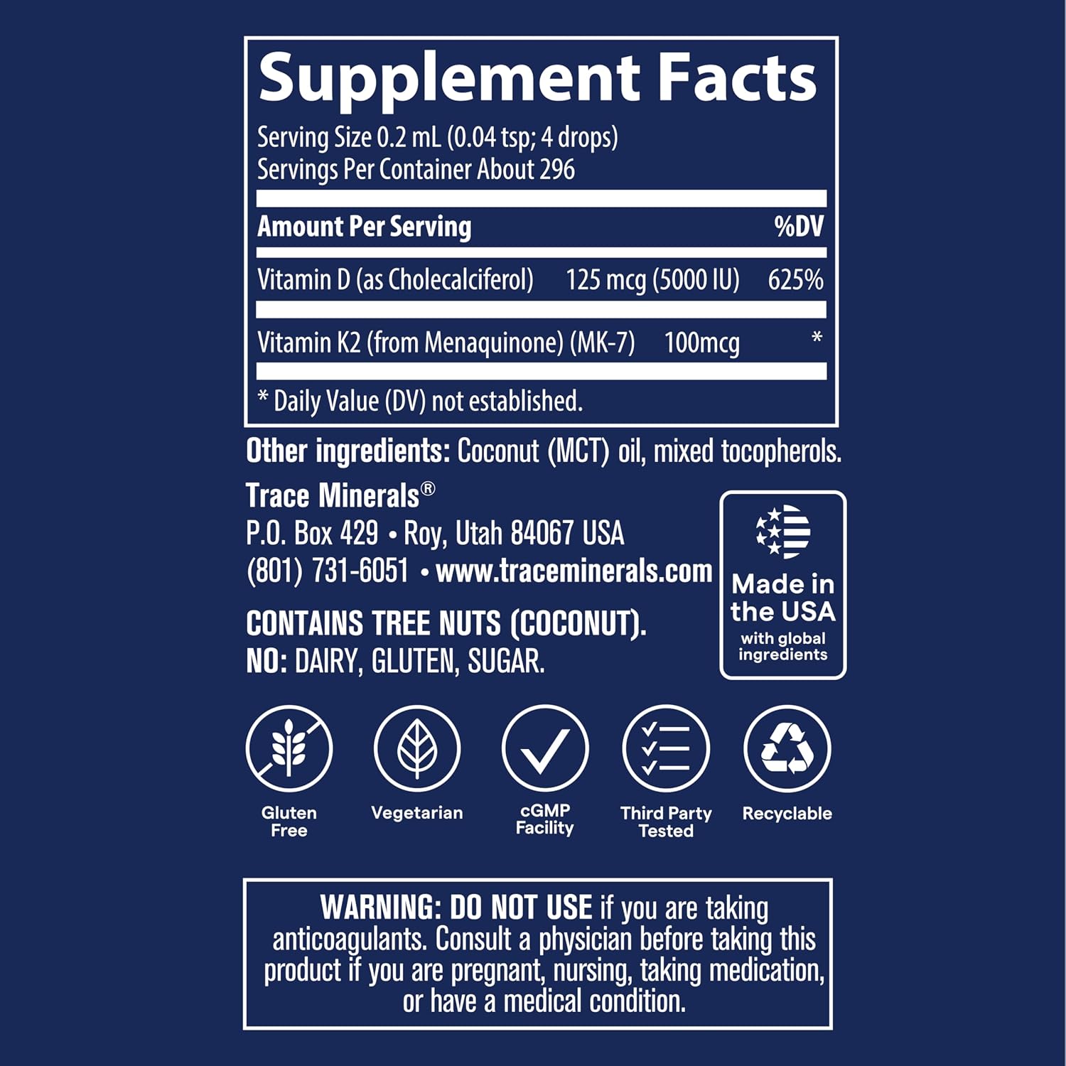 Trace Minerals Vitamina D3 + K2 Líquido Iónico, 5000 UI D3, 100 mcg K2, 2 fl oz (59 ml), 296 dosis