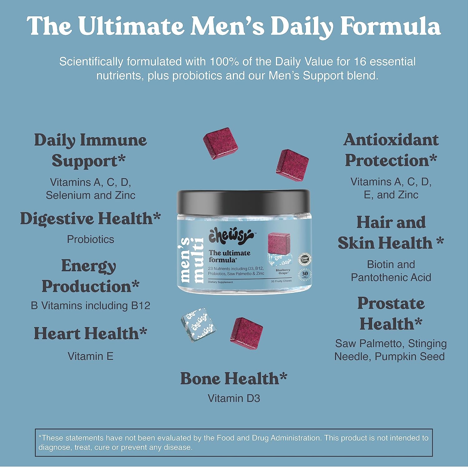 Chewsy - Multivitamínico para Hombres en Gomitas - Apoyo Inmunológico y Energía - Vitaminas A, B12, C, D3, E, Probióticos, Saw Palmetto, Zinc - 6 Días