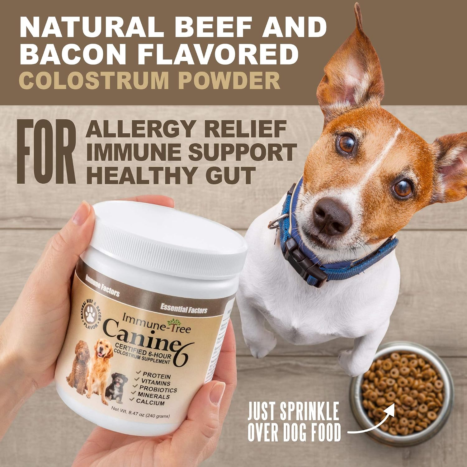 Calostro bovino para perros y cachorros | Suplemento para el sistema inmunológico | Alivio para alergias, picor de piel y puntos calientes | Prebióticos y probióticos apoyan la digestión | Fabricado en EE. UU. | 240 g (8.47 oz)