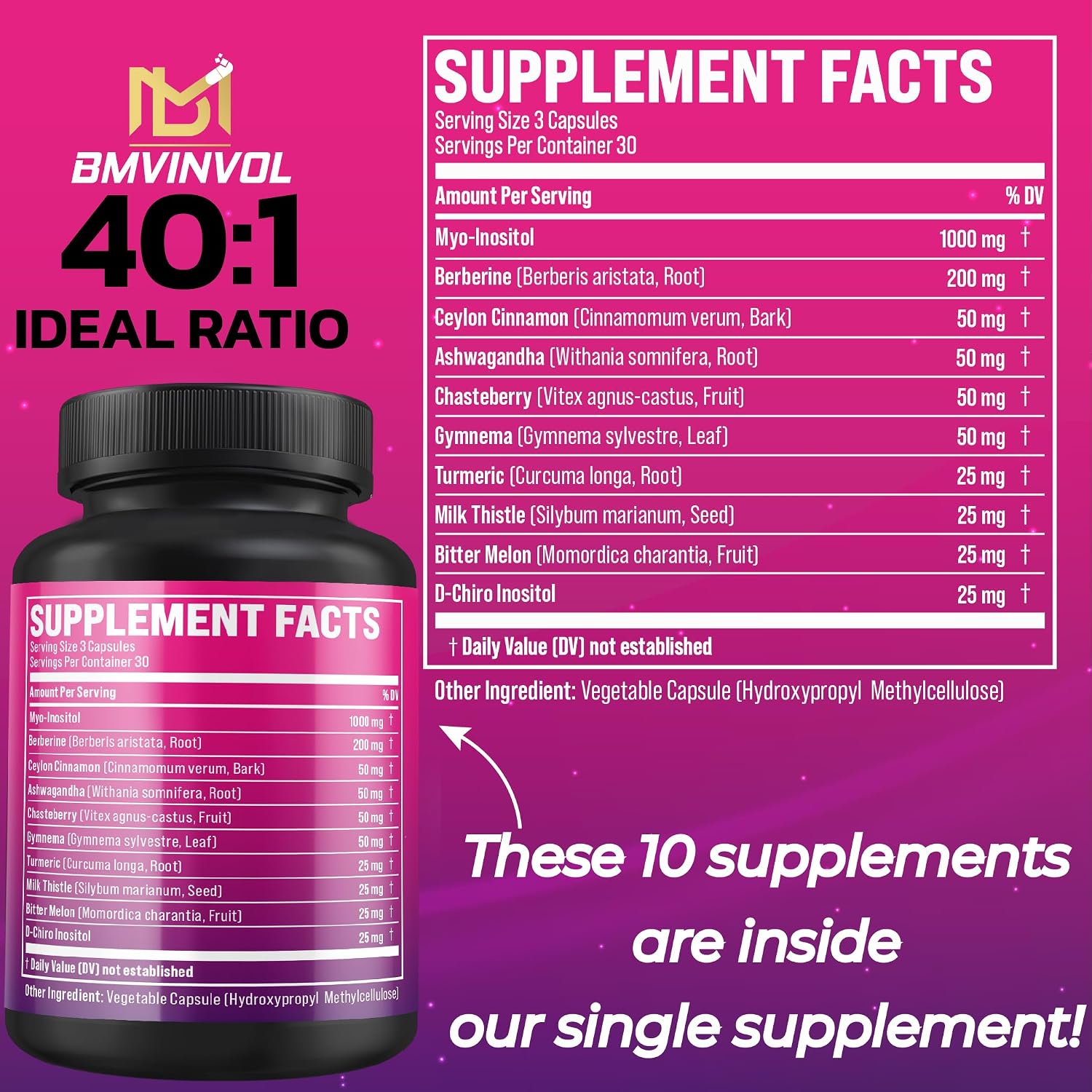 BMVINVOL Inositol 40:1 - Myo-Inositol y D-Chiro Inositol con Berberina, Ashwagandha +5 - 90 Cápsulas