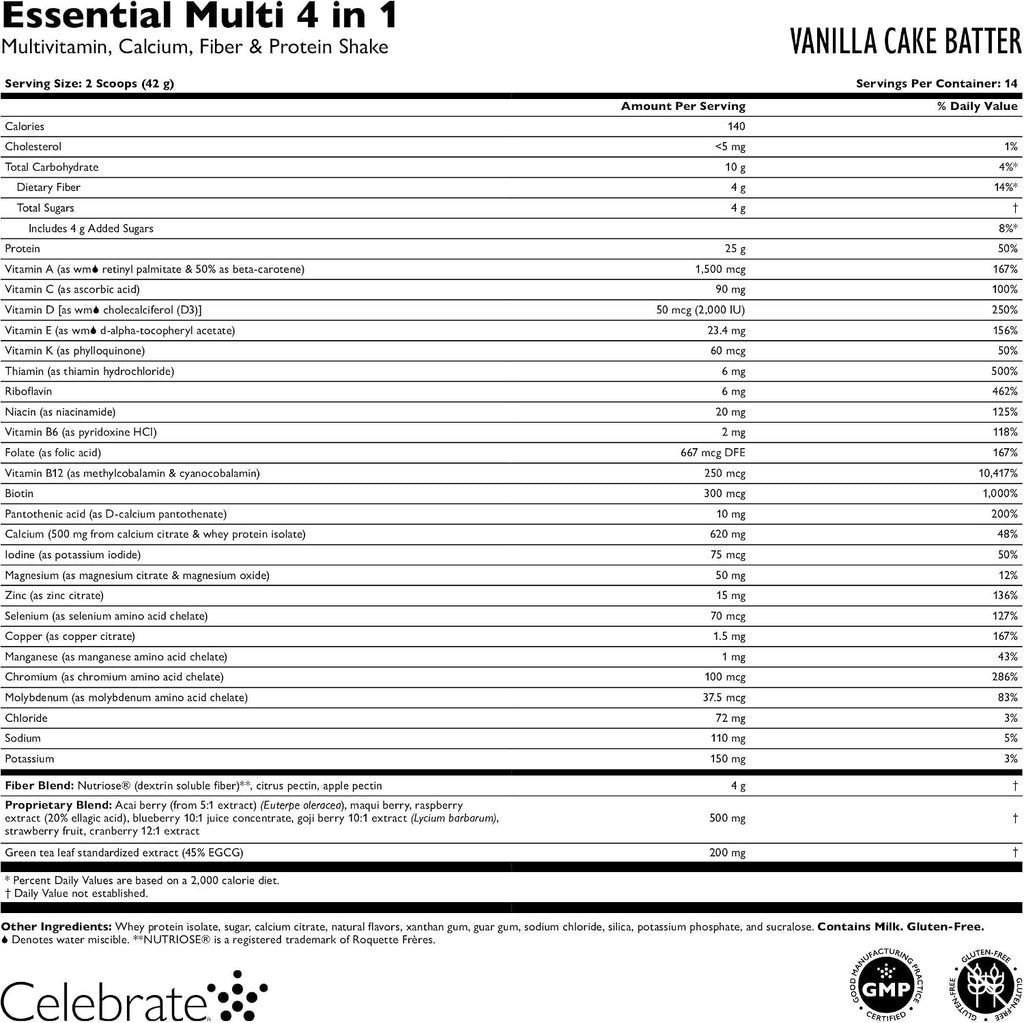 Celebrate Vitamins 4-in-1 Bariatric Multivitamin with Calcium Citrate Protein Shake - Vainilla Cake Batter, 14 Raciones