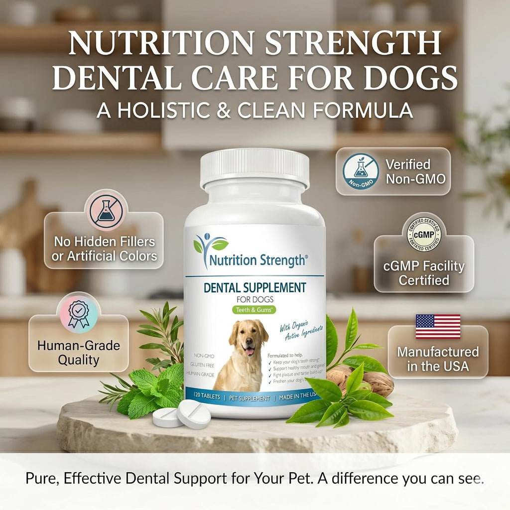 Nutrition Strength Cuidado Dental para Perros - Eliminador Natural de Placa y Sarro con Algas Orgánicas, Hojas de Fresa y Semillas de Calabaza - 120 Comprimidos