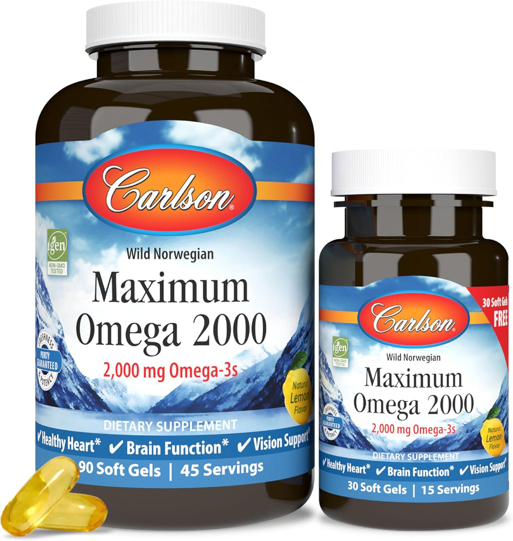 Carlson Maximum Omega 2000 - 2000 mg de Omega-3 con EPA y DHA, Aceite de Pescado Noruego, 120 Cápsulas