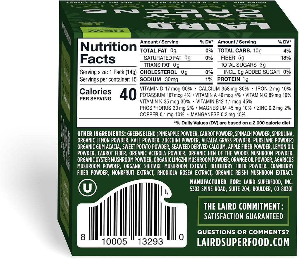 Laird Superfood Prebiótico Daily Greens - 15 sobres de 14 g