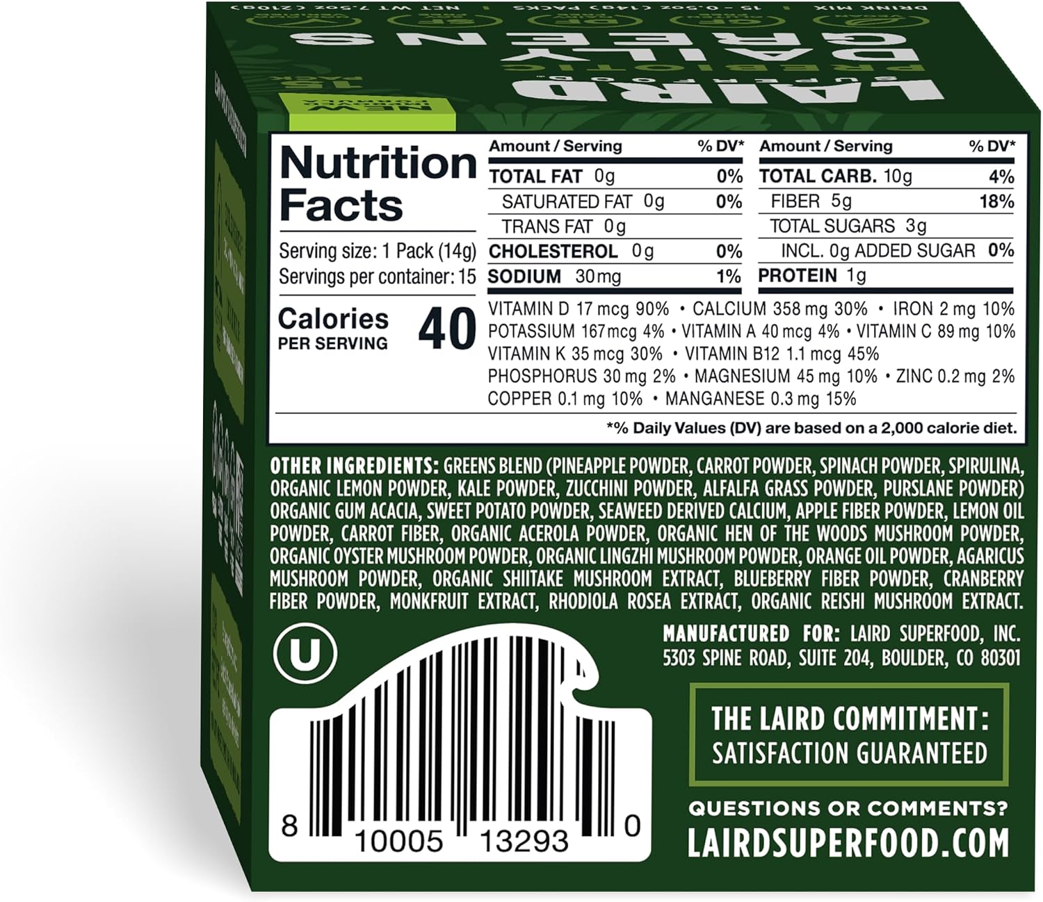 Laird Superfood Prebiótico Daily Greens - 15 sobres de 14 g