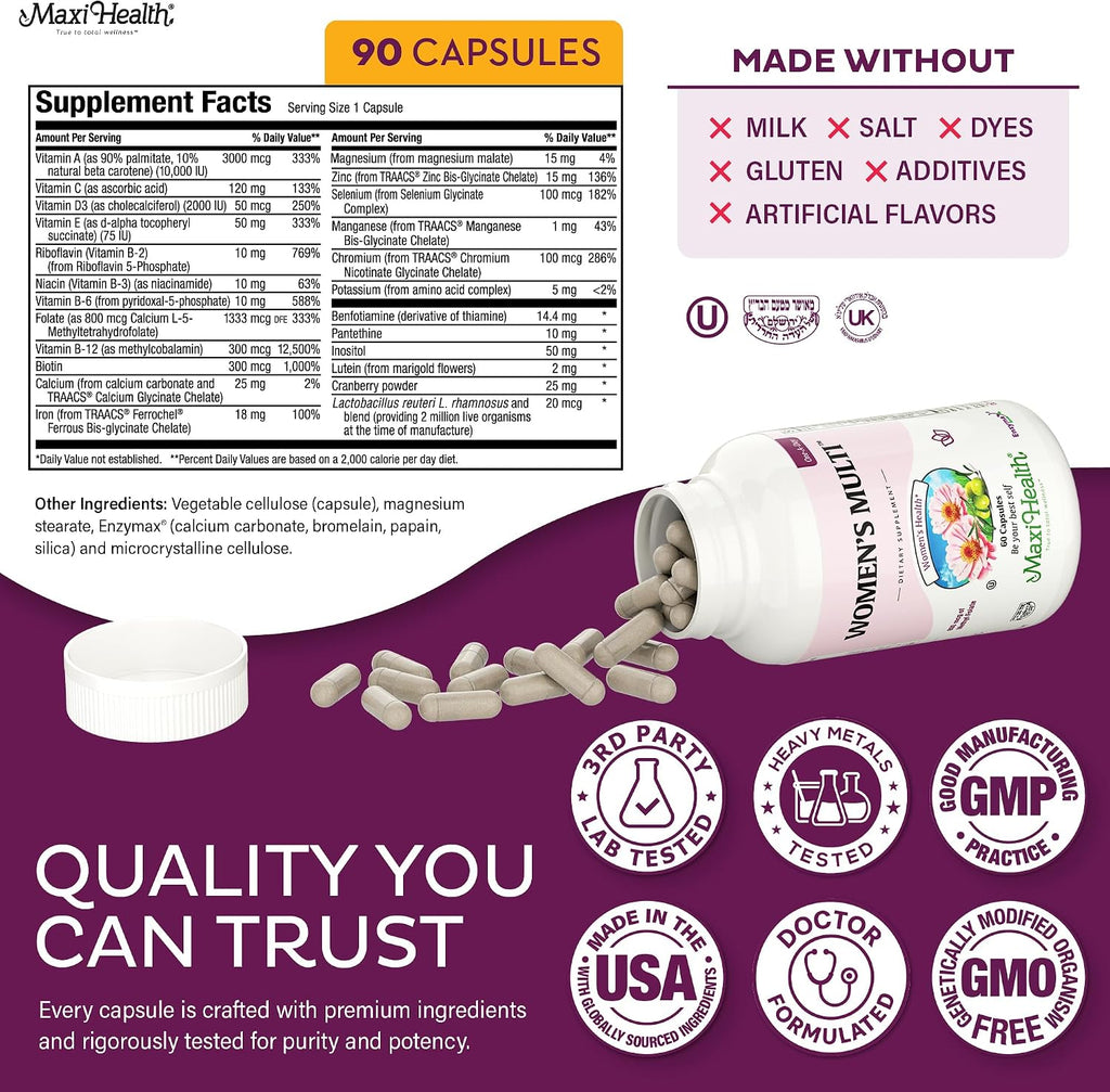 Maxi Health Multivitamínico para Mujeres – Fórmula Metilada con 23 Vitaminas y Minerales – 90 Cápsulas