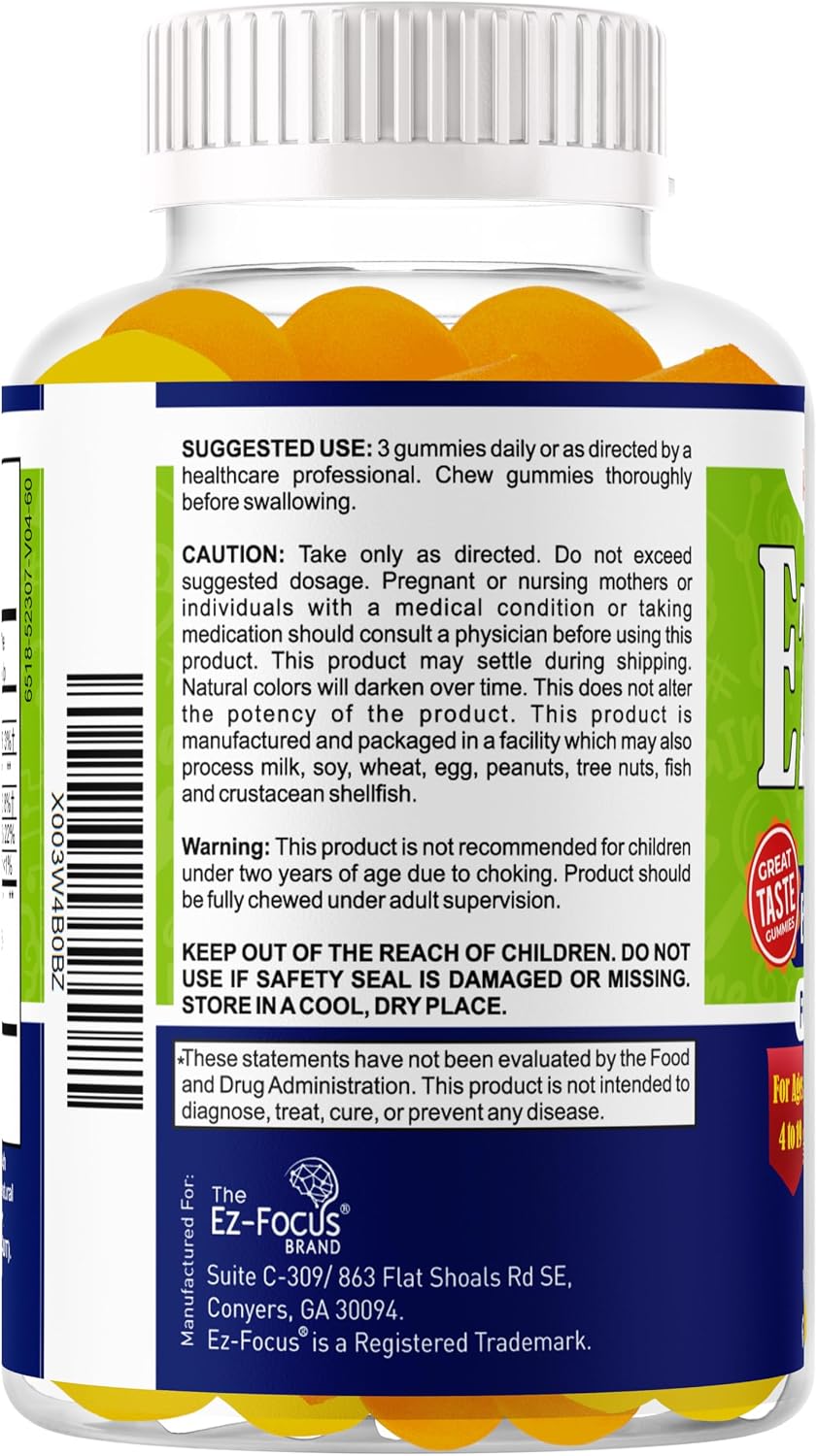 Ez-Focus Junior Gomitas de DHA para niños y adolescentes: memoria, concentración y enfoque, 60 gomitas masticables