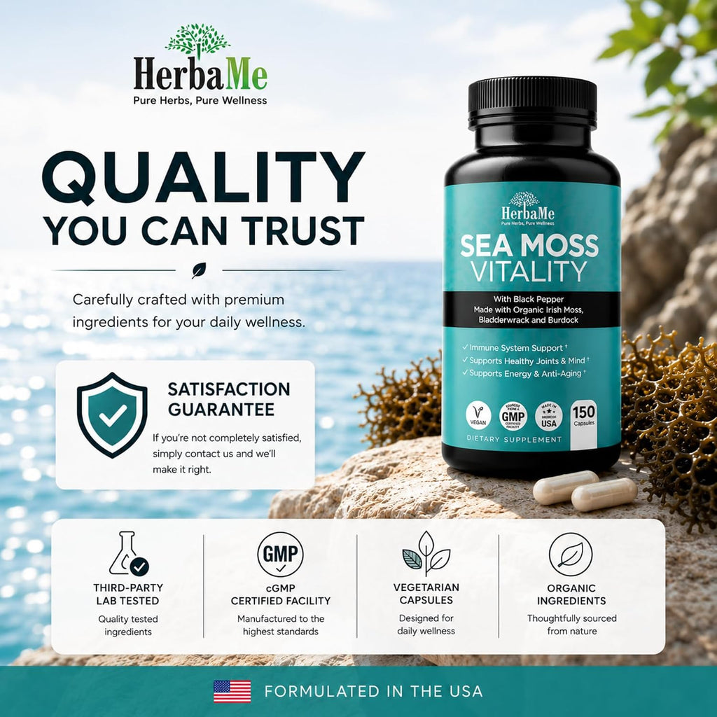 HerbaMe Musgo de Mar Orgánico con Bladderwrack, Bardana y Pimienta Negra - 150 Cápsulas Vegetales