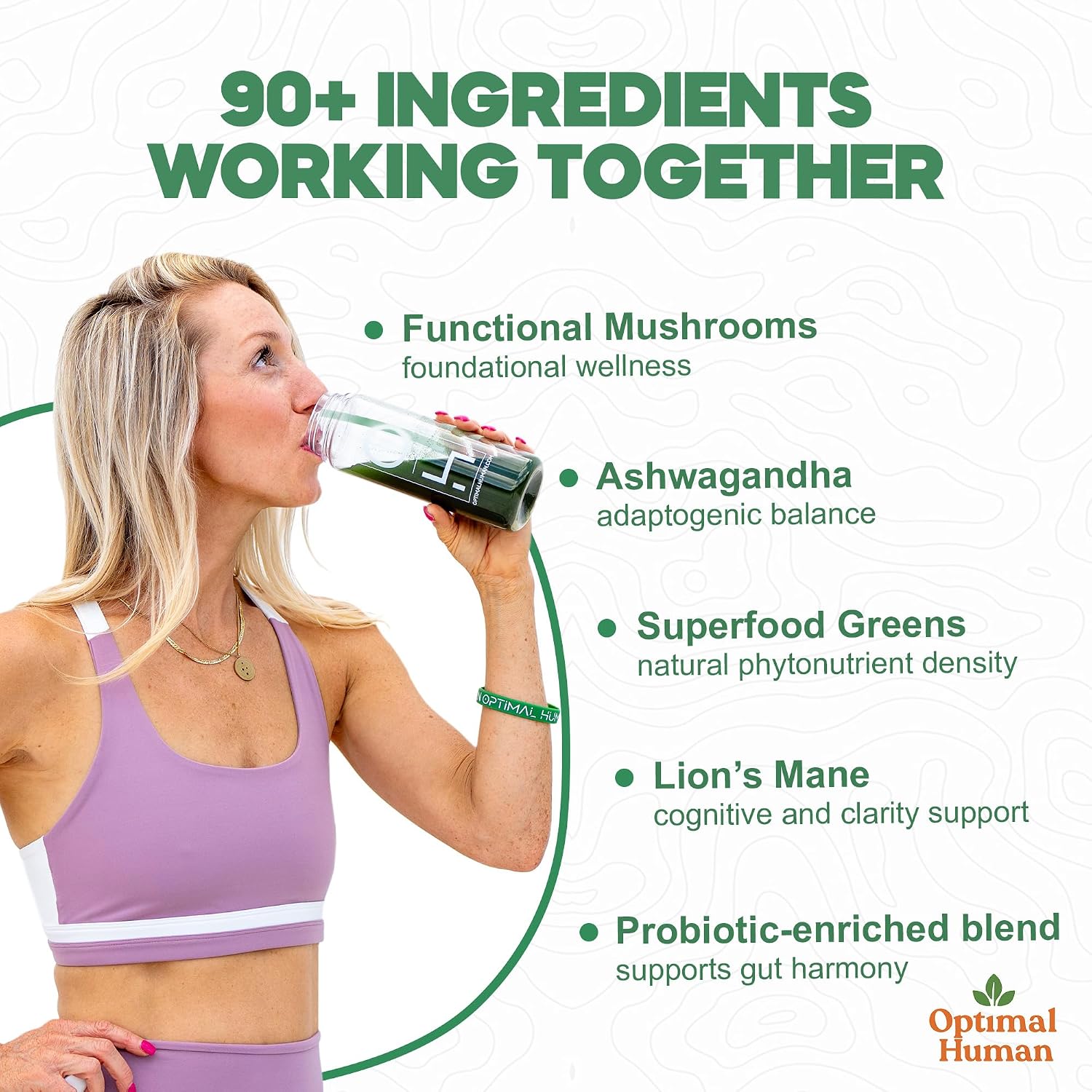 Optimal Human Superfood Greens Powder – Mezcla de 90+ Ingredientes con Lion's Mane, Ashwagandha y Cúrcuma – 178 g