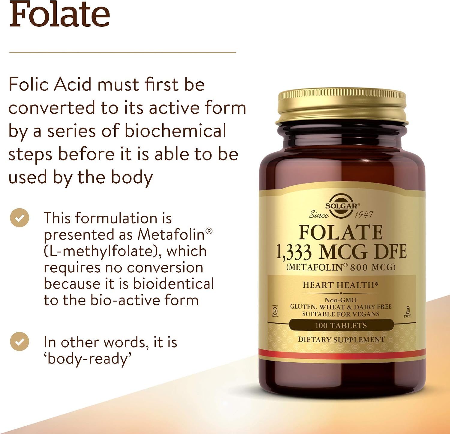 Solgar Folate 1.333 mcg DFE - 100 Comprimidos - Metafolin Bioactivo