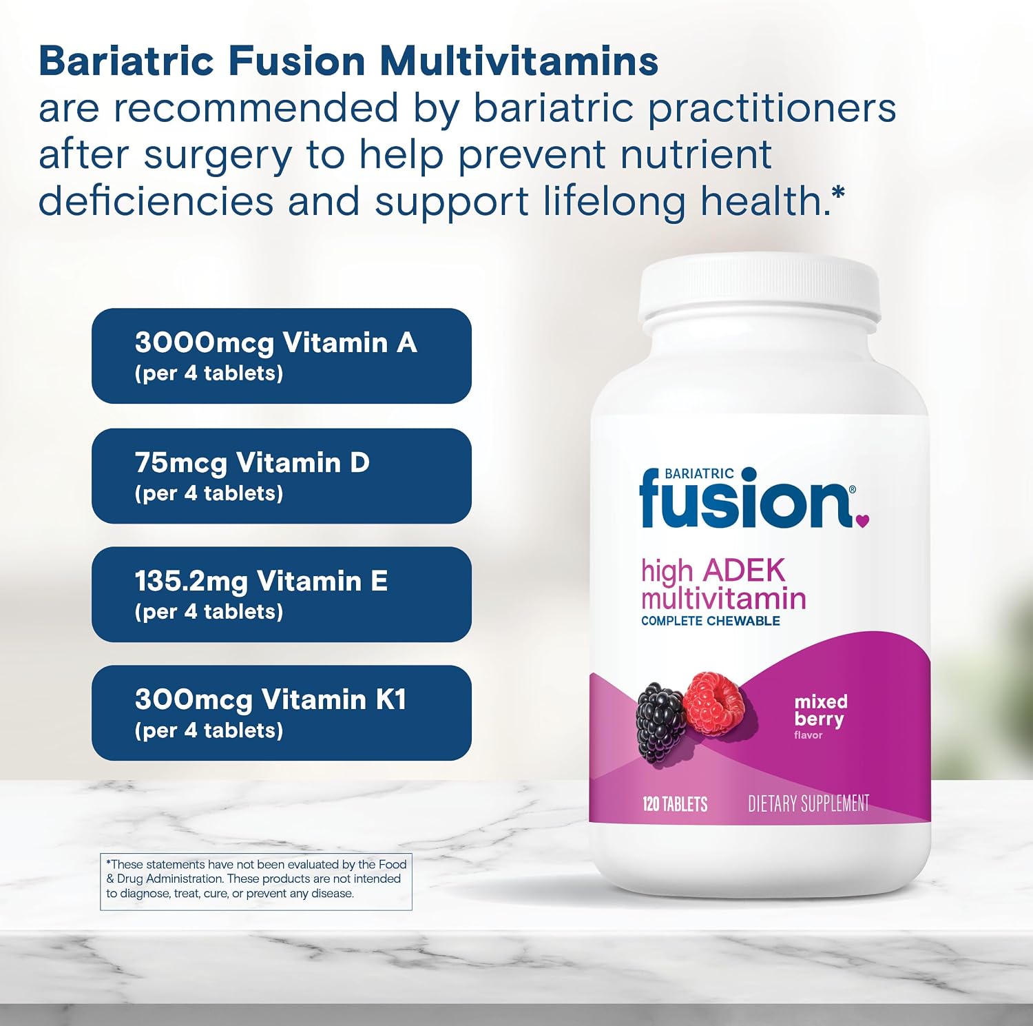 Bariatric Fusion Chewable Multivitamin with High Doses of Vitamins ADEK, Iron, and Calcium - Mixed Berry Flavor - 120 Tablets (1 Month Supply)