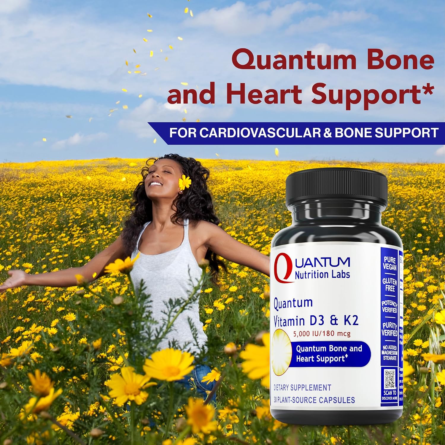 Quantum Nutrition Labs Vitamina D3 y K2 - 5000 UI, 30 Cápsulas Veganas