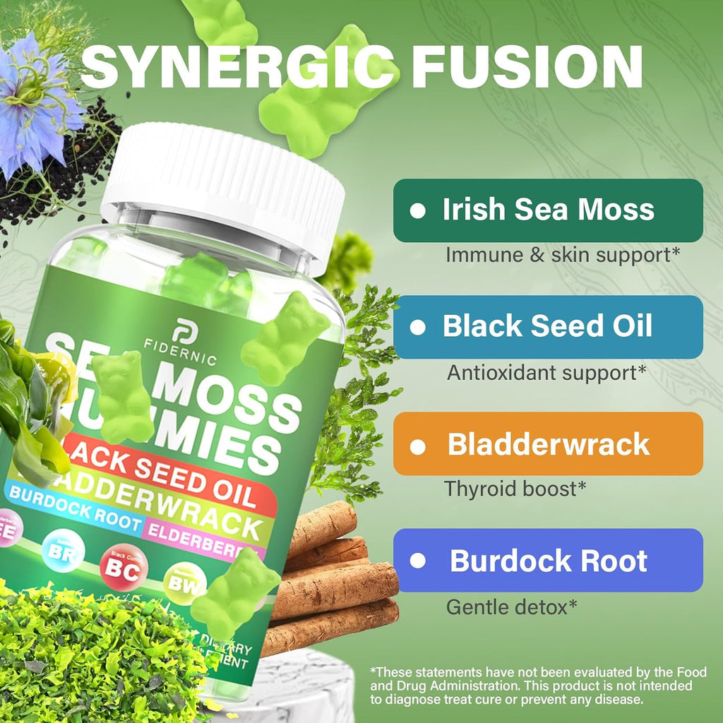 Gominolas de Sea Moss – Musgo Irlandés con Saúco y Aceite de Semilla Negra, Vejiga de Mar, Raíz de Bardana – Sabor a Manzana Verde – 120 Gominolas Veganas