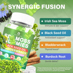 Gominolas de Sea Moss – Musgo Irlandés con Saúco y Aceite de Semilla Negra, Vejiga de Mar, Raíz de Bardana – Sabor a Manzana Verde – 120 Gominolas Veganas