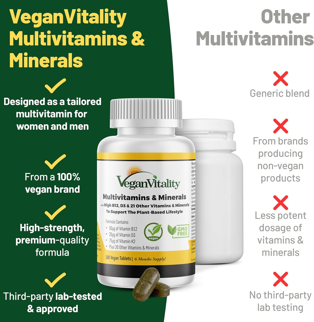 Multivitamínico Vegano para Mujeres y Hombres con Vitamina B12, D3 y K2 - 180 Comprimidos - 6 Meses de Suministro