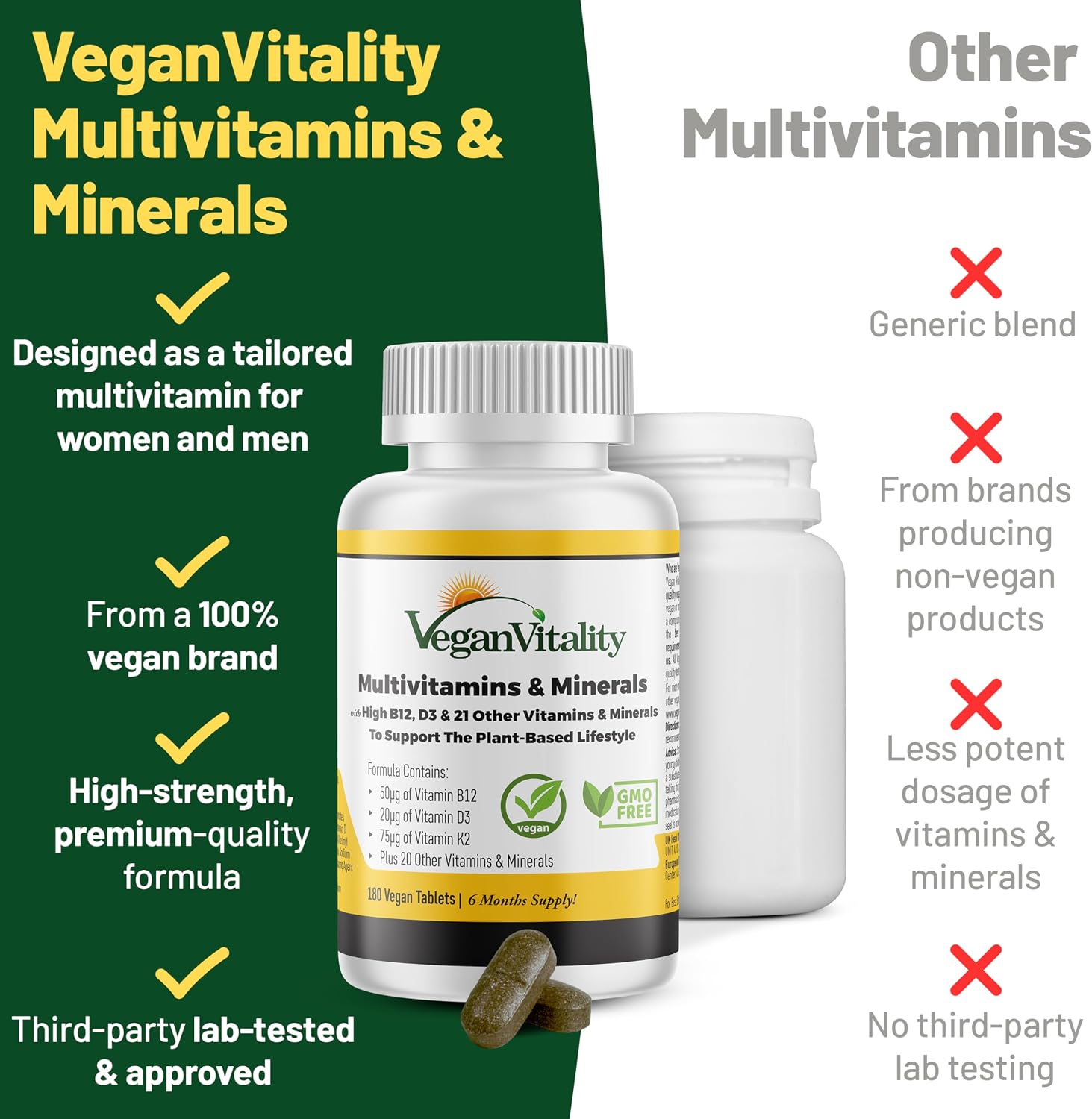 Multivitamínico Vegano para Mujeres y Hombres con Vitamina B12, D3 y K2 - 180 Comprimidos - 6 Meses de Suministro