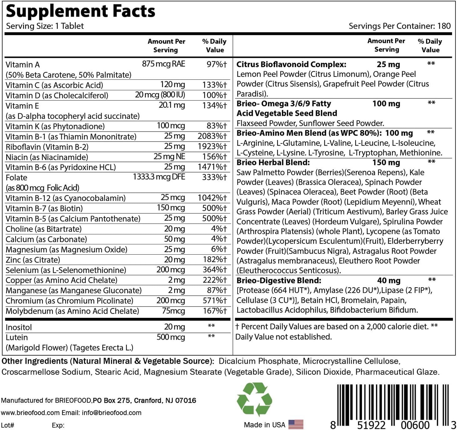 Brieofood Multivitamínico Diario para Hombres, 180 Comprimidos