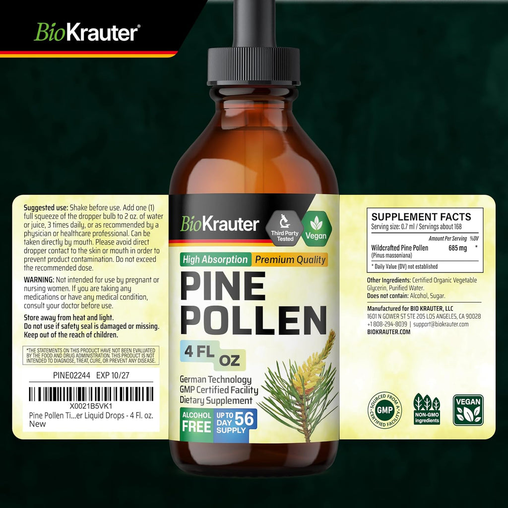 BIO KRAUTER® Polen de Pino para Hombres - Tintura Vegana Pura, 685 mg por ración, 118 ml (56 Días)
