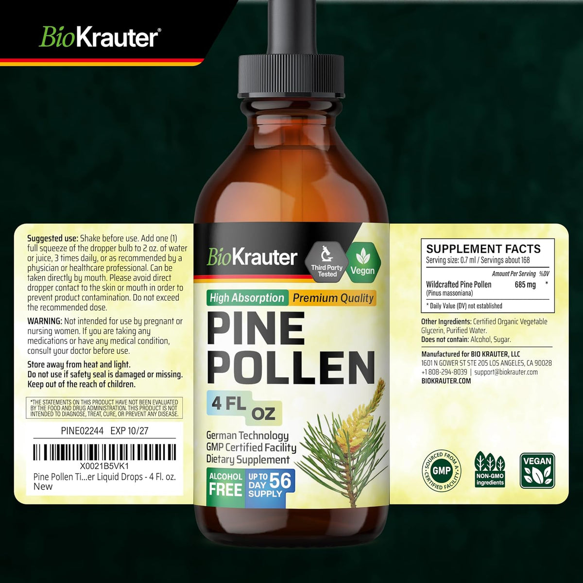 BIO KRAUTER® Polen de Pino para Hombres - Tintura Vegana Pura, 685 mg por ración, 118 ml (56 Días) – Image 9