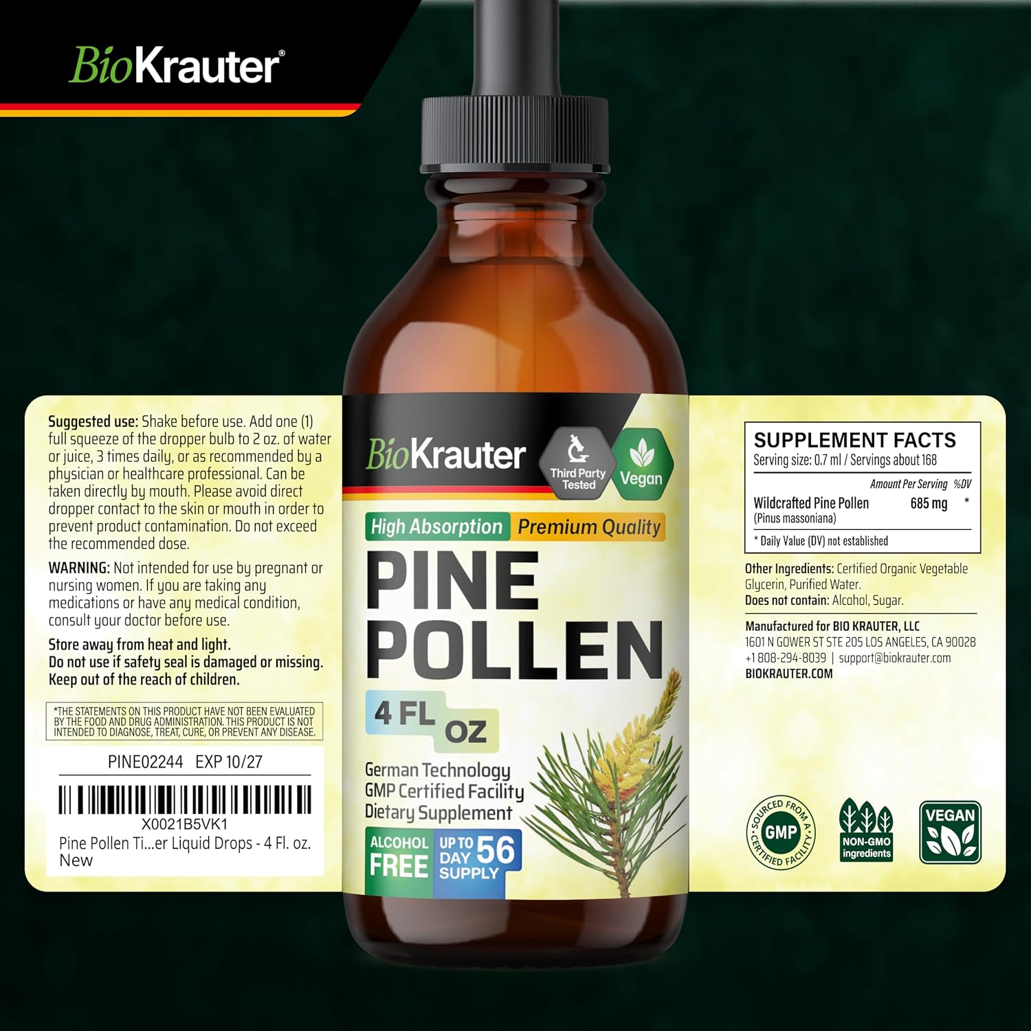 BIO KRAUTER® Polen de Pino para Hombres - Tintura Vegana Pura, 685 mg por ración, 118 ml (56 Días)