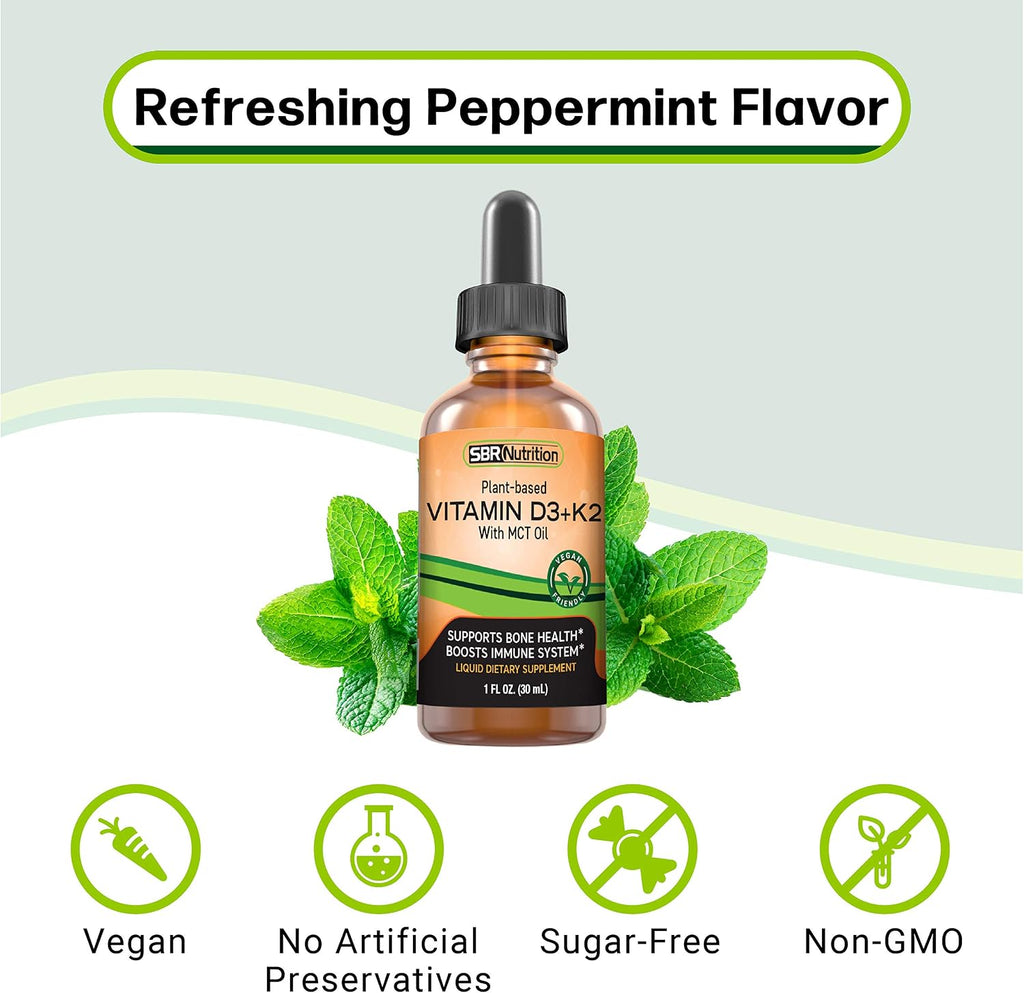 Vitamina D3 + K2 (MK-7) Gotas Veganas con Aceite MCT y Sabor a Menta