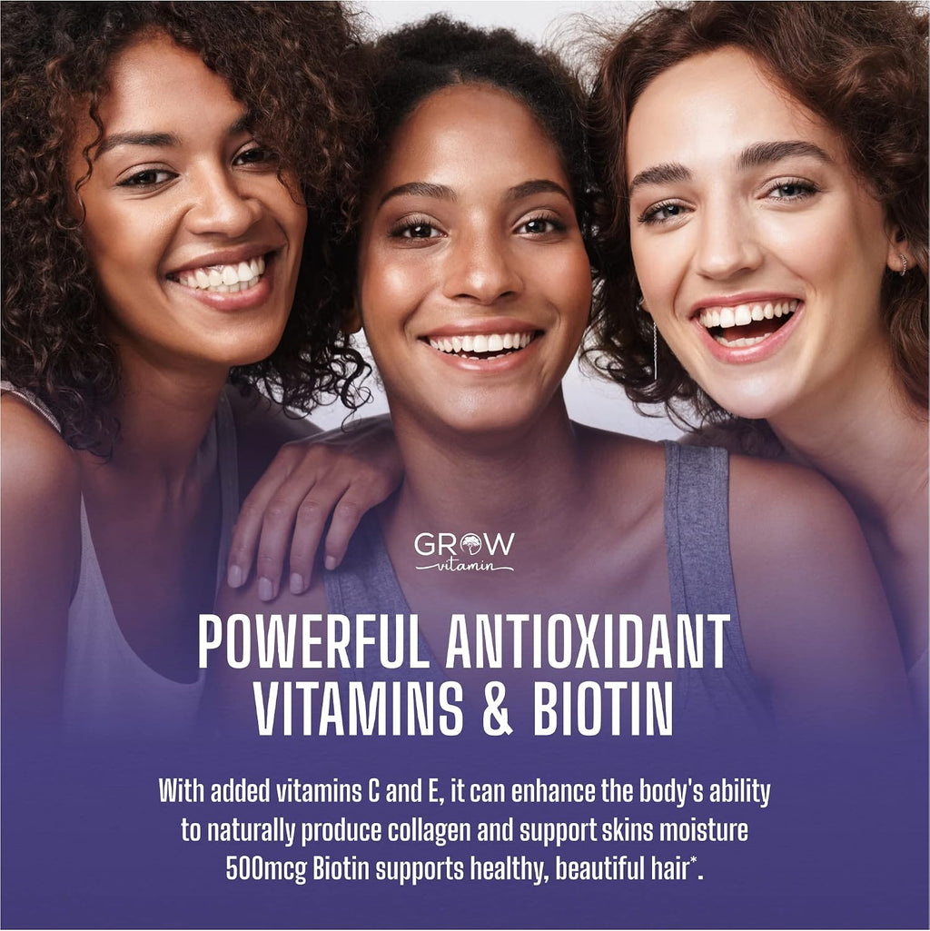 grow vitamin Collagen Booster Gummy Bears – Gominolas Veganas de Biotina para Piel, Cabello y Uñas – Sabor Fresa – 60 Gominolas