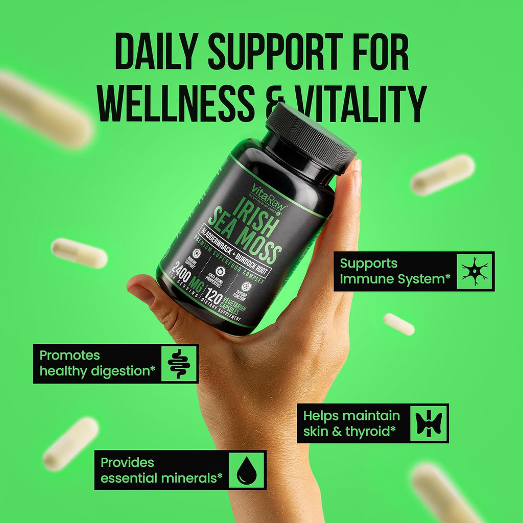VitaRaw Cápsulas Orgánicas de Irish Sea Moss 2400 mg - con Raíz de Bardana y Fucus Vesiculosus - Suplemento Herbal Avanzado