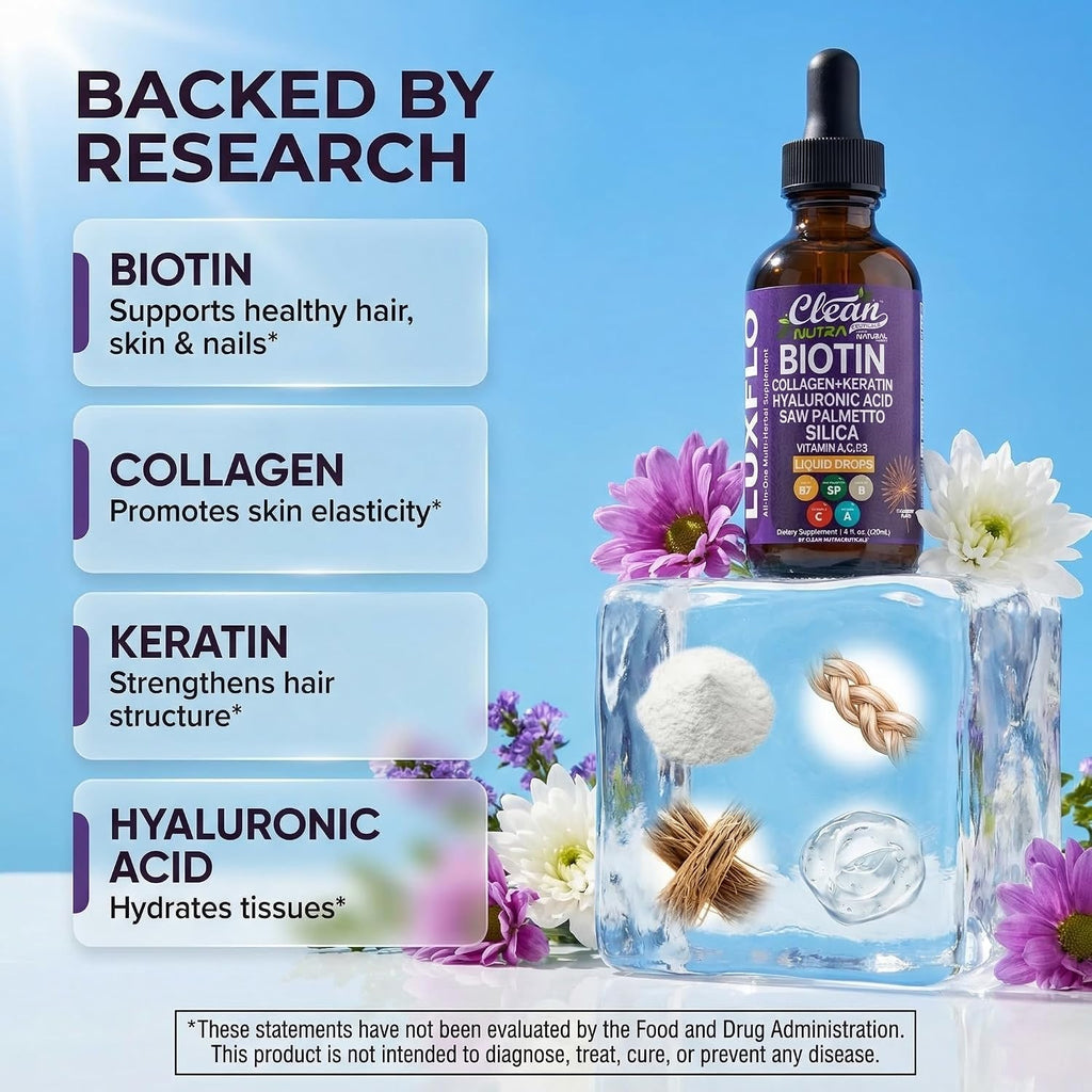LuxFlo Biotina y Colágeno Líquido - Suplemento Completo para Cabello, Piel y Uñas