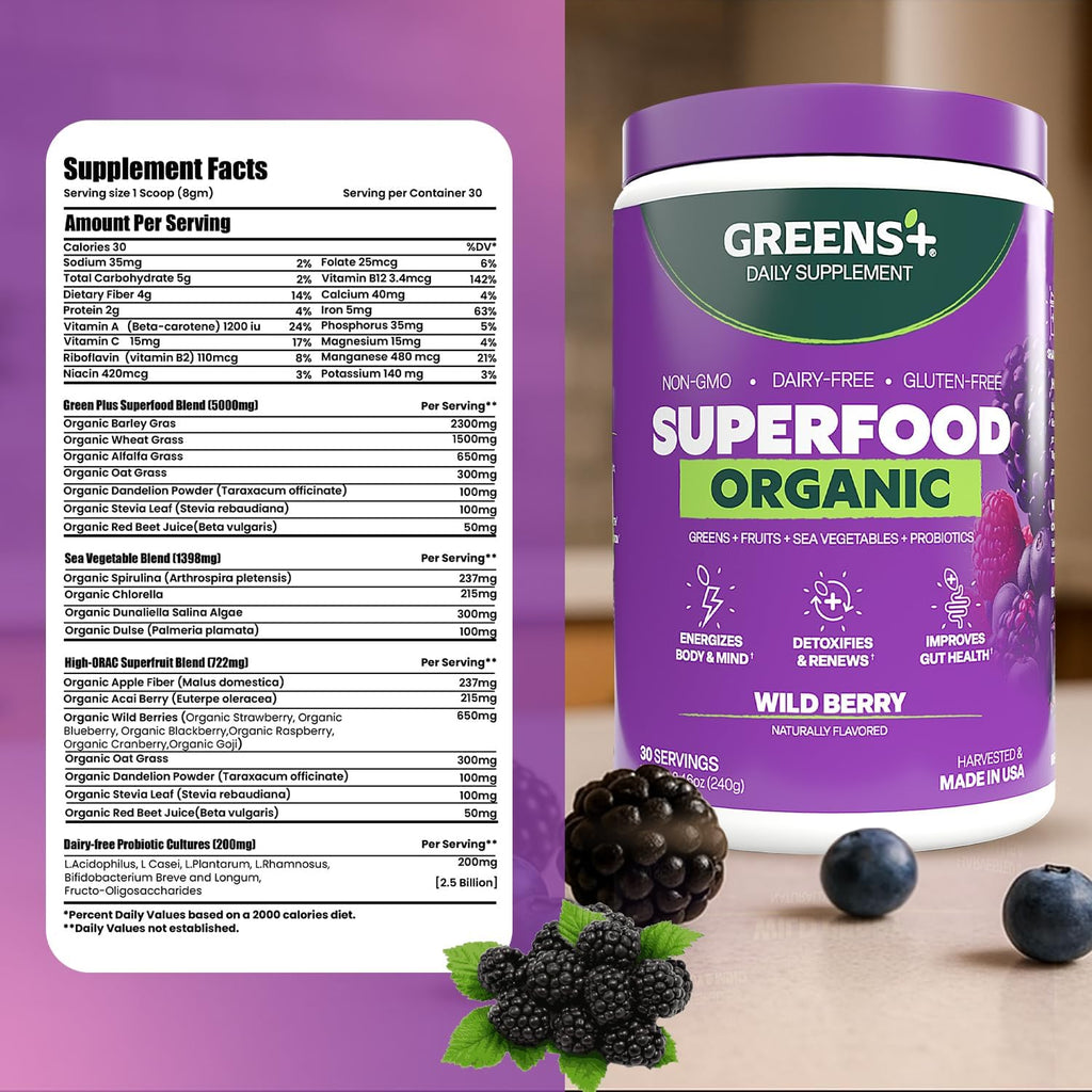 Greens+ Organic Wild Berry Superfood Powder - Suplemento vegano con antioxidantes, energía y vitalidad (240 g)