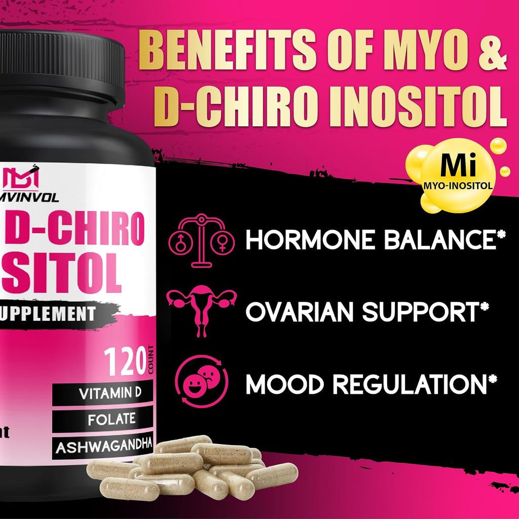 BMVINVOL Myo-Inositol y D-Chiro Inositol 2050mg con Folato, Vitamina D y Ashwagandha - 120 Cápsulas