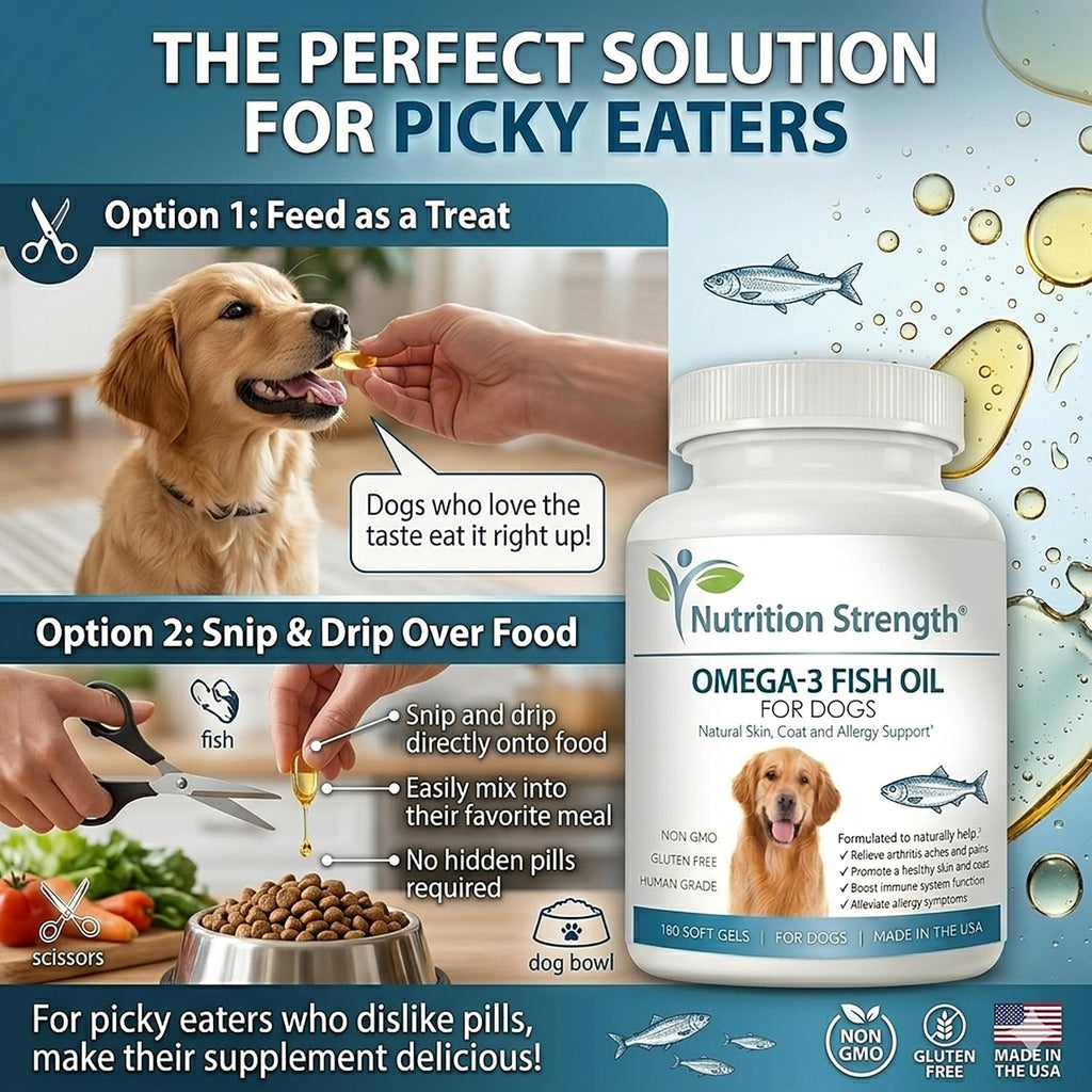 Omega 3 para Perros - Cápsulas de Aceite de Pescado con Alto EPA y DHA - Apoyo para Piel, Articulaciones y Salud General - 180 Cápsulas - Nutrition Strength