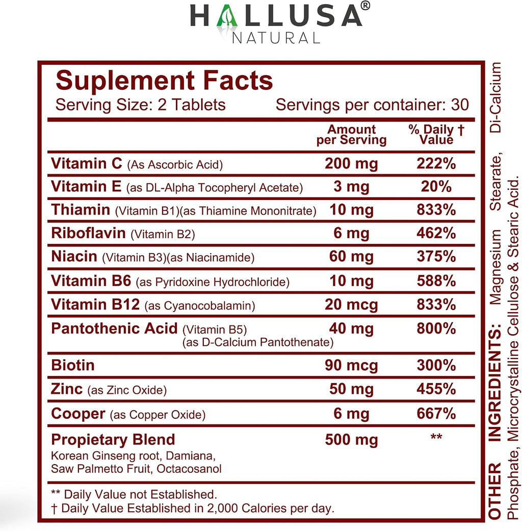 Hallusa Natural HALLVIGOR Multivitamínico Diario para Hombres – Ginseng Coreano, Damiana, Saw Palmetto, Biotina, Complejo B, Zinc, Jalea Real – 60 Cápsulas