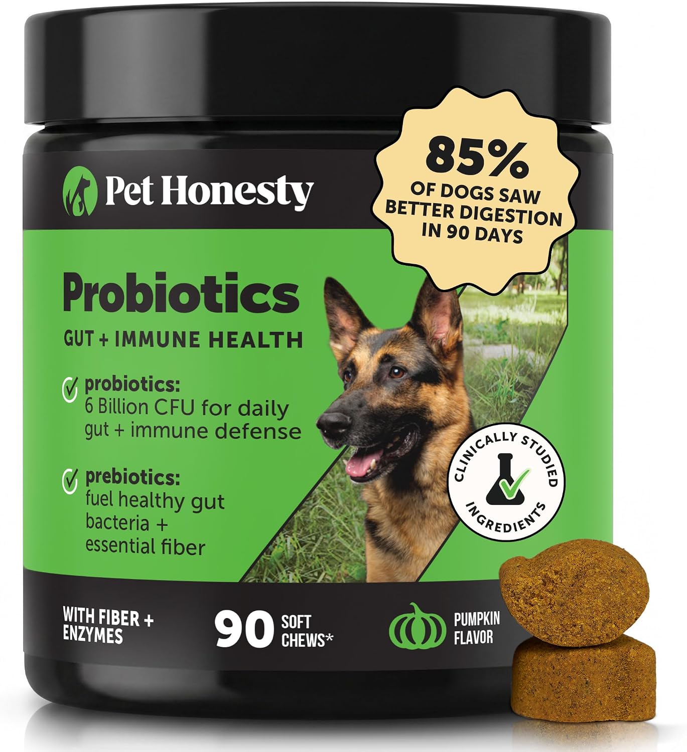 Pet Honesty Probióticos para Perros con Prebióticos y Enzimas - 6B UFC - 90 Masticables (Calabaza)