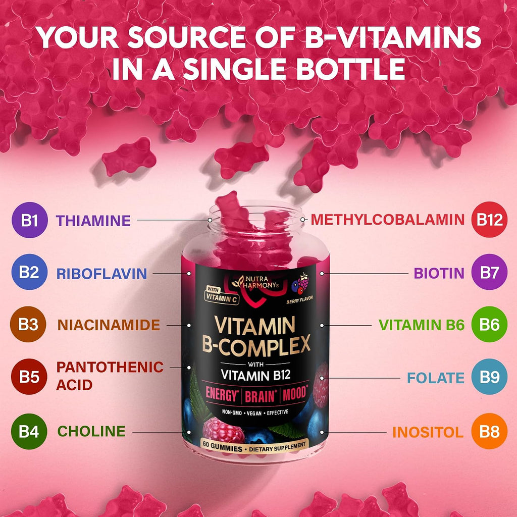 NUTRAHARMONY Complejo B Gominolas - Vitaminas B1-B12, C y Colina - 60 Gominolas Veganas Sabor Berry