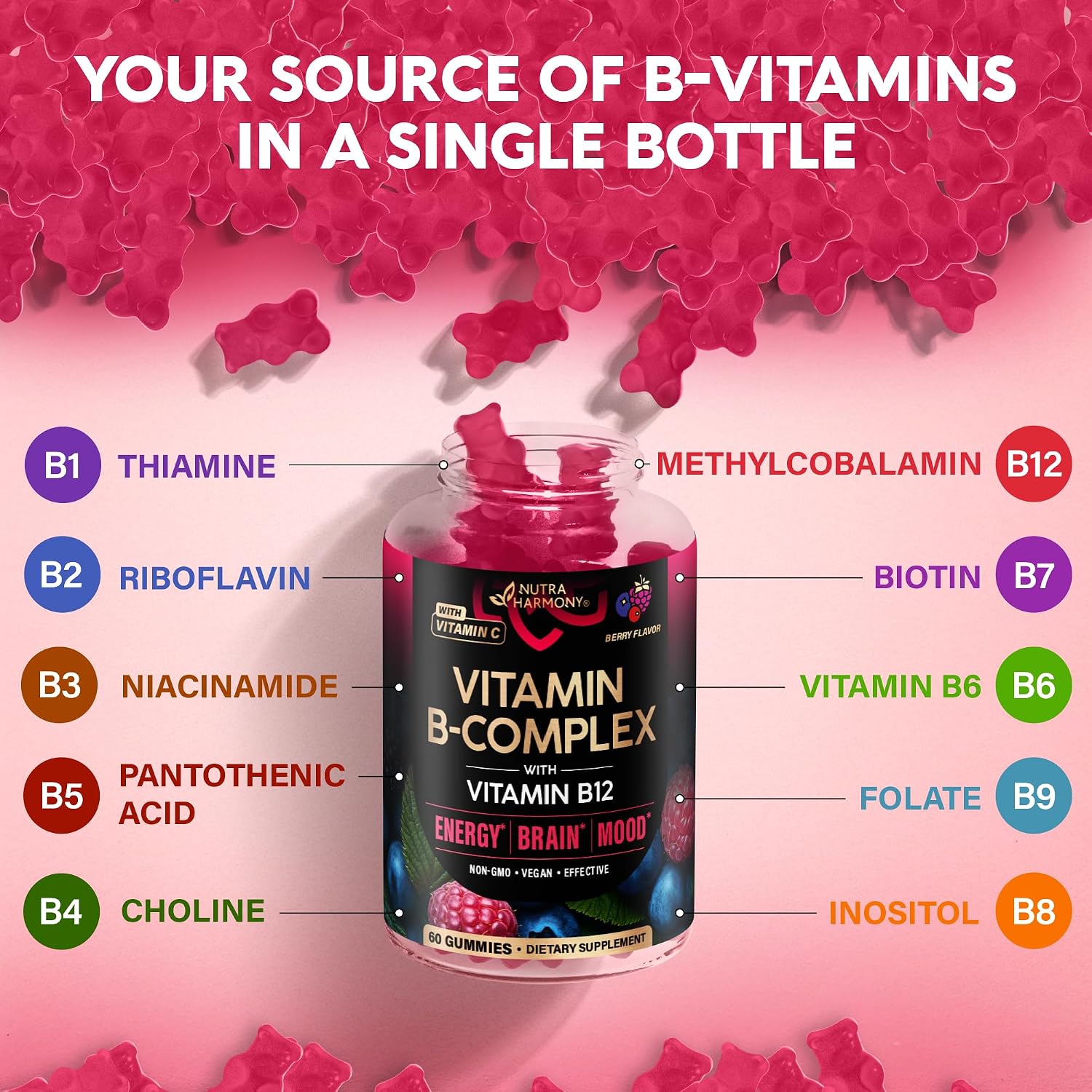 NUTRAHARMONY Complejo B Gominolas - Vitaminas B1-B12, C y Colina - 60 Gominolas Veganas Sabor Berry