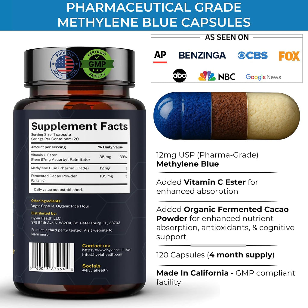 Cápsulas de Azul de Metileno USP Grado Farmacéutico con Vitamina C - 120 uds