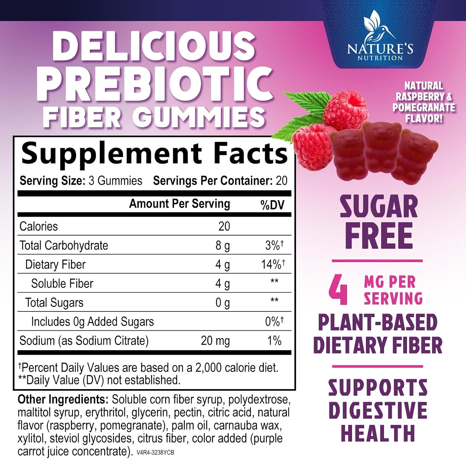 Nature's Nutrition Fiber Gummies – Gomitas de fibra prebiótica sin azúcar, 4g por porción, 60 gomitas
