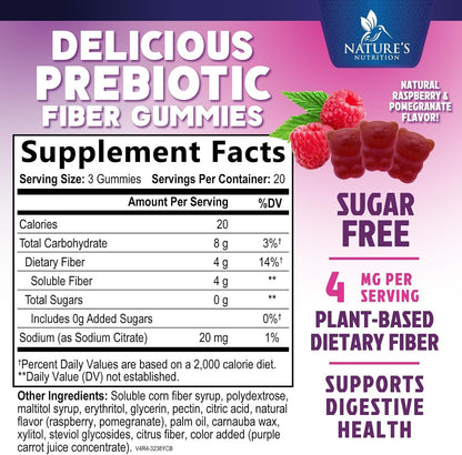 Nature's Nutrition Fiber Gummies – Gomitas de fibra prebiótica sin azúcar, 4g por porción, 60 gomitas – Image 2