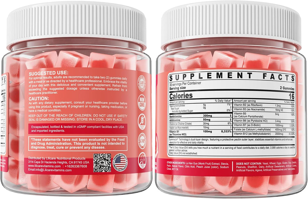 Gominolas de Vitamina B1 y Complejo B Metilado - Benfotiamina, Tiamina, Inositol - 60 uds