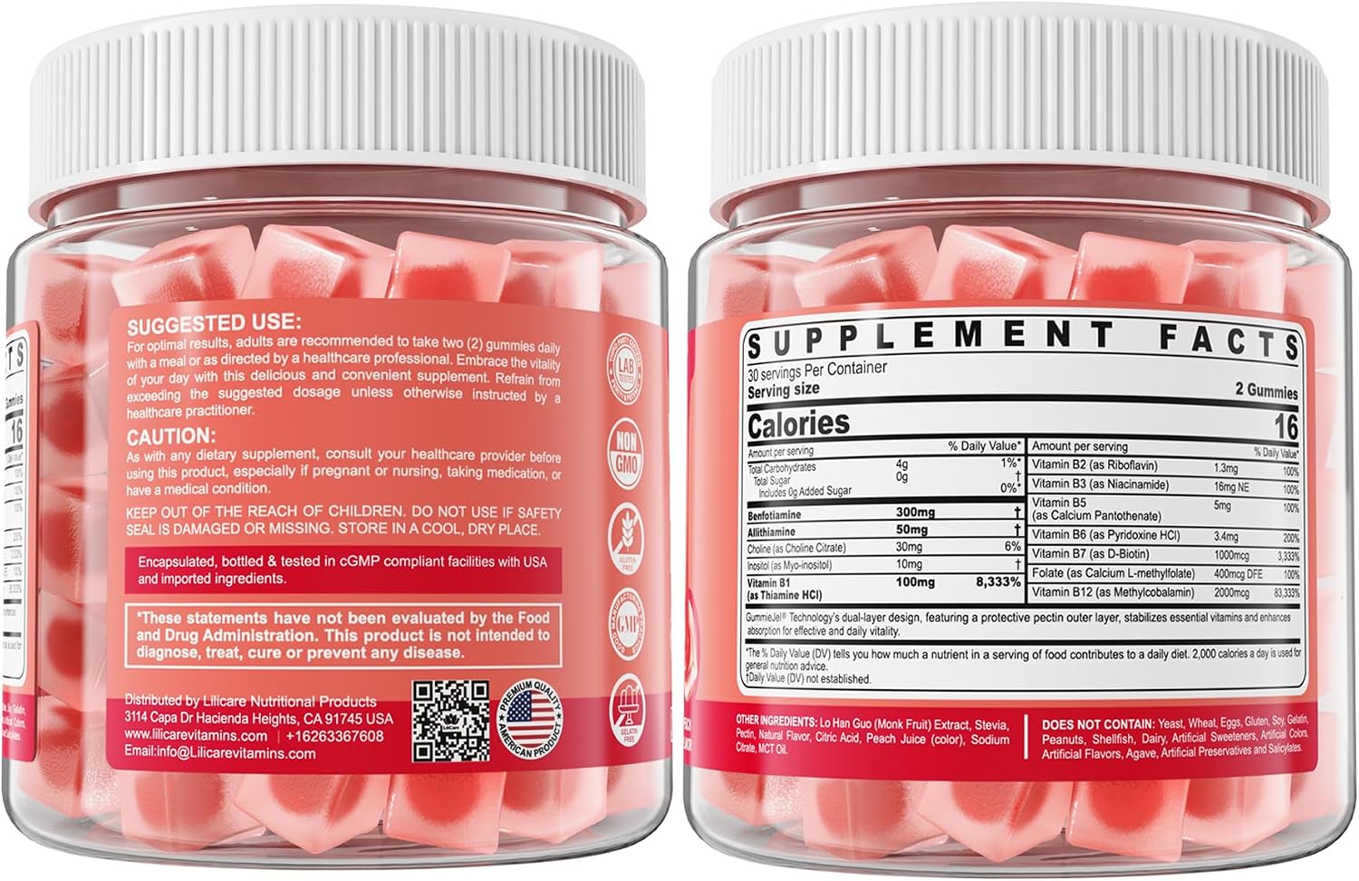 Complejo de Vitamina B1 y Vitaminas B Metiladas - Gomitas con Benfotiamina, Tiamina, Inositol, L-metilfolato y Metil B12 - 120 Gomitas
