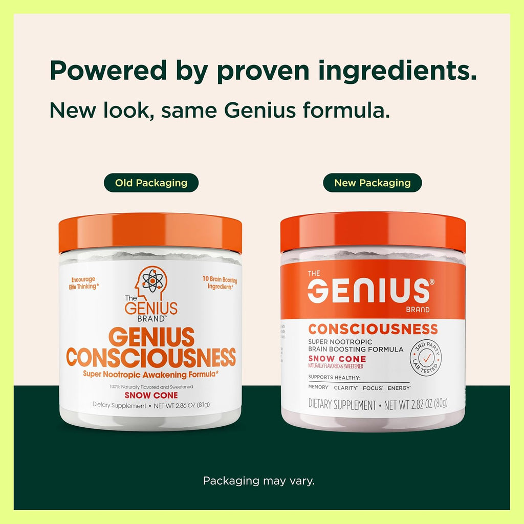 The Genius Brand Genius Consciousness - Suplemento para la Concentración y Claridad Mental con Nootrópicos - 15 Porciones - Snow Cone